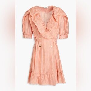 NEW SANDRO Women's Pink Double-breasted Ruffled Linen-blend Mini Dress size 38